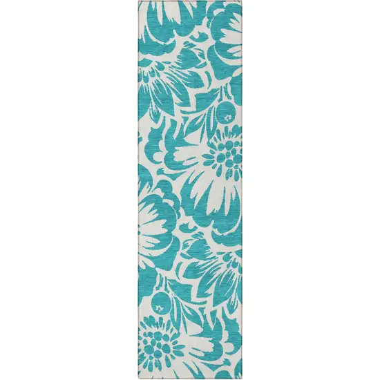 8' Runner Teal and Ivory Floral Washable Non Skid Indoor Outdoor Runner Rug Photo 2