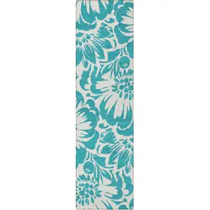 Photo of 8' Runner Teal and Ivory Floral Washable Non Skid Indoor Outdoor Runner Rug