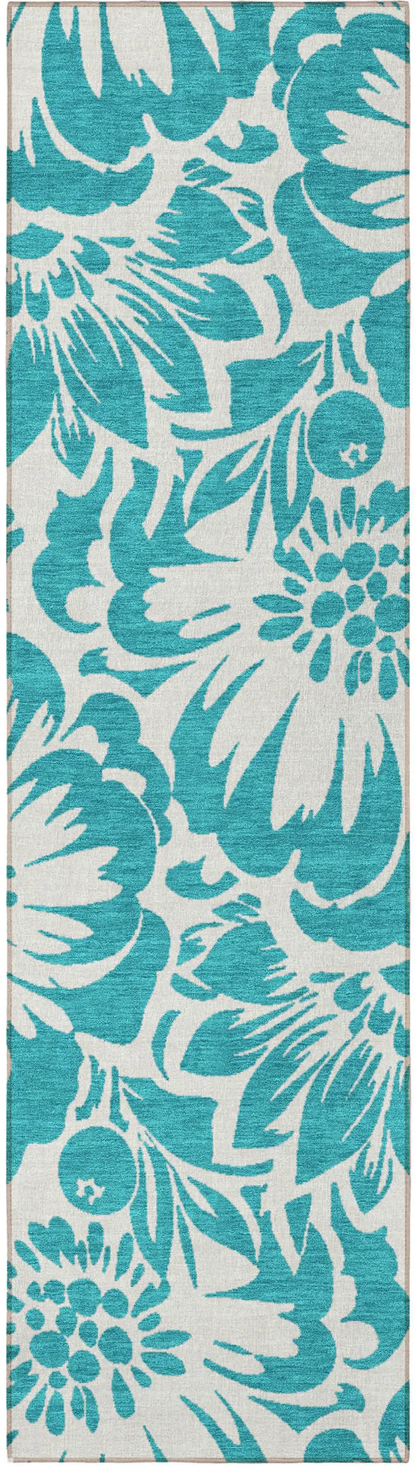 8' Runner Teal and Ivory Floral Washable Non Skid Indoor Outdoor Runner Rug Photo 2