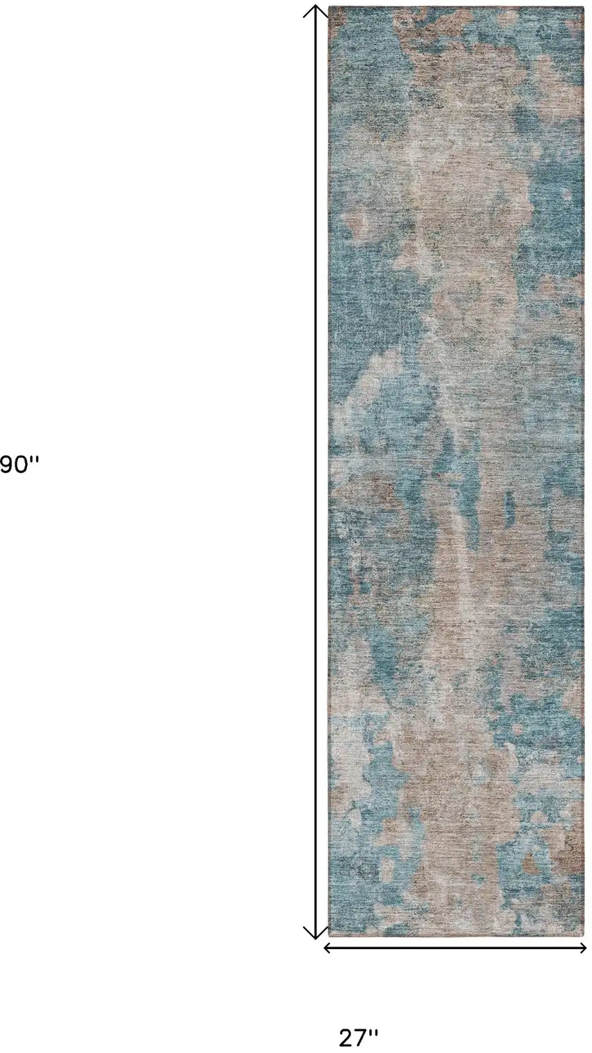 Teal and Taupe Abstract Washable Non Skid Indoor Outdoor Runner Rug Photo 3