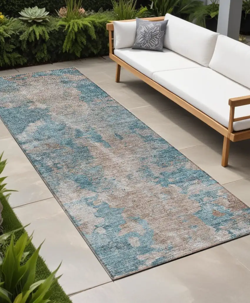 Teal and Taupe Abstract Washable Non Skid Indoor Outdoor Runner Rug Photo 1