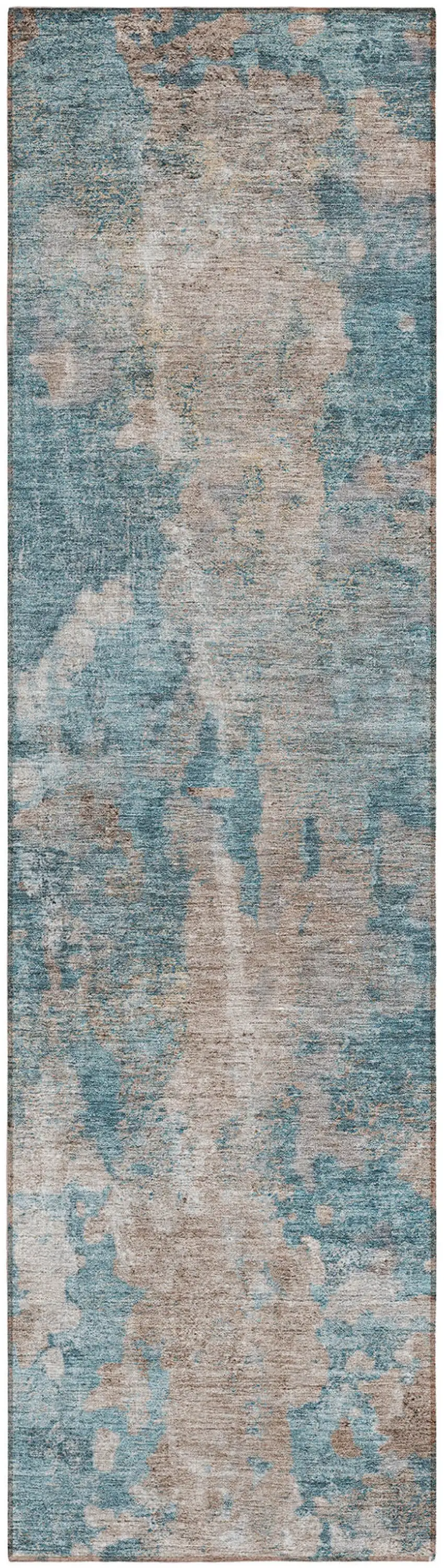Teal and Taupe Abstract Washable Non Skid Indoor Outdoor Runner Rug Photo 2