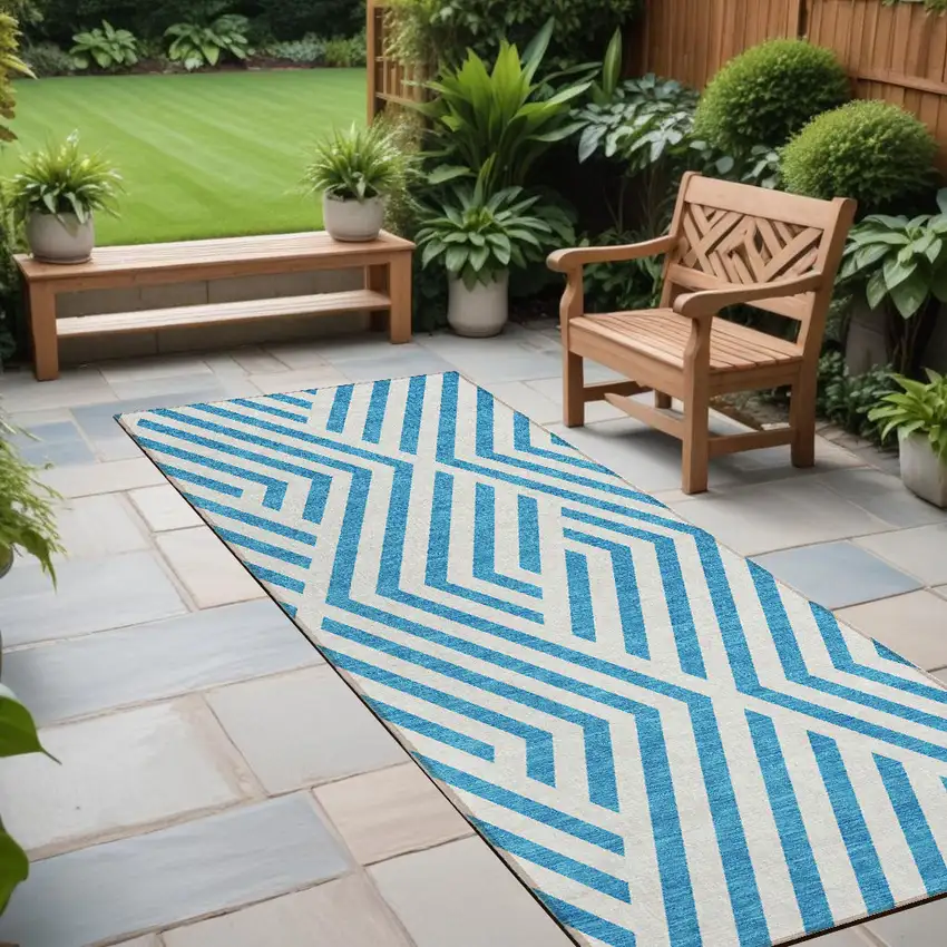Teal and White Geometric Washable Non Skid Indoor Outdoor Runner Rug Photo 1