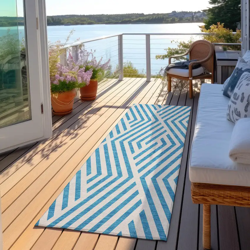 Teal and White Geometric Washable Non Skid Indoor Outdoor Runner Rug Photo 8