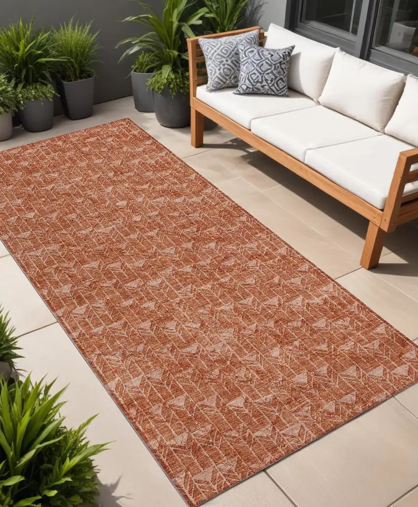 Terra Cotta Geometric Washable Non Skid Indoor Outdoor Runner Rug Photo 1