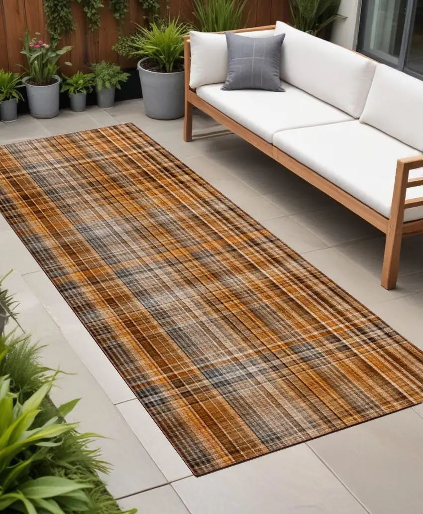 Orange Brown and Gray Plaid Washable Non Skid Indoor Outdoor Area Rug Photo 1