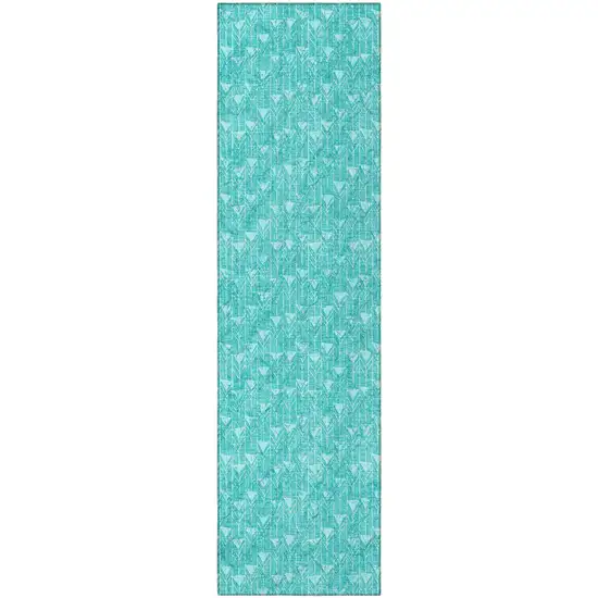 Turquoise Geometric Washable Non Skid Indoor Outdoor Runner Rug Photo 5