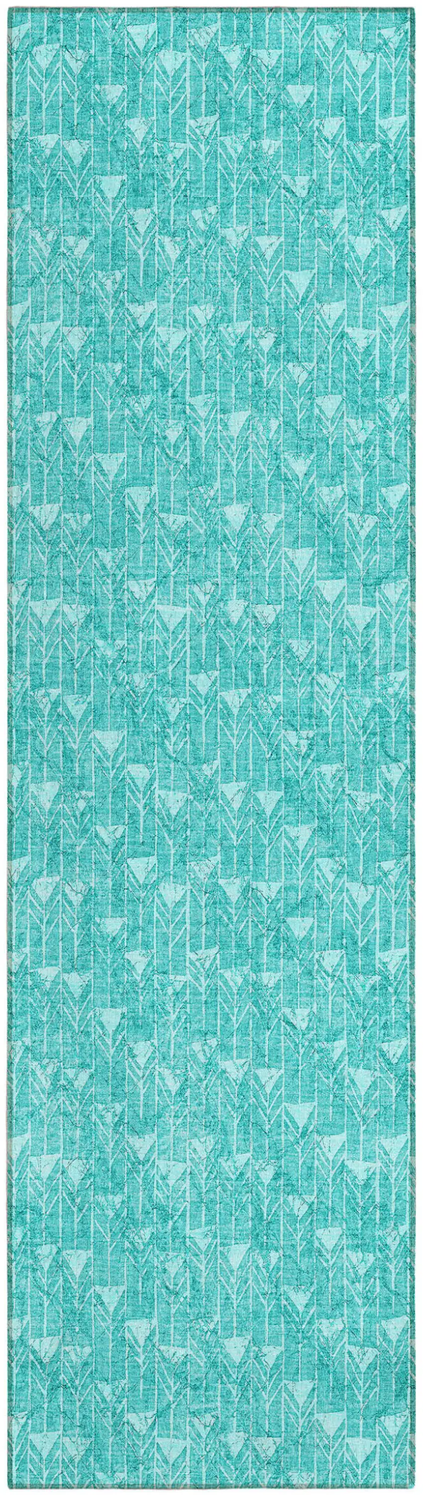 Turquoise Geometric Washable Non Skid Indoor Outdoor Runner Rug Photo 2