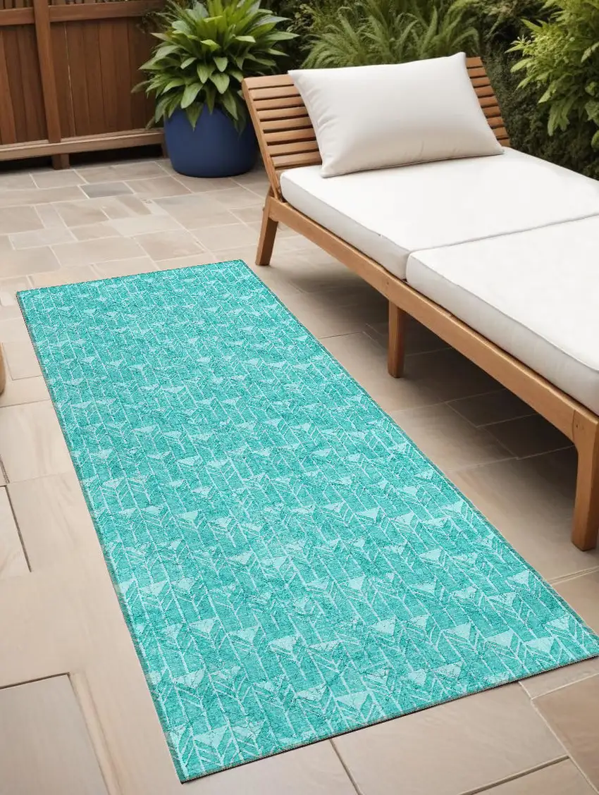 Turquoise Geometric Washable Non Skid Indoor Outdoor Runner Rug Photo 1