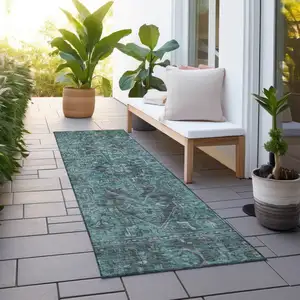 Photo of 8' Runner Turquoise Oriental Washable Non Skid Indoor Outdoor Runner Rug