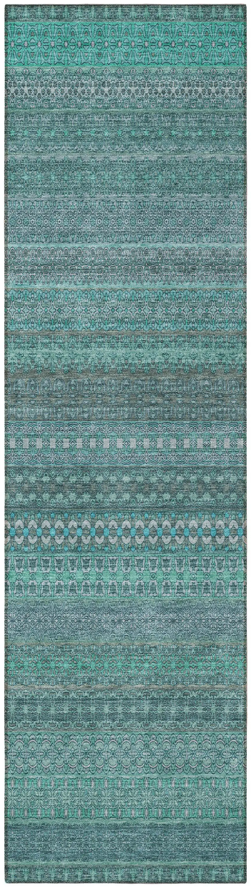 Turquoise Striped Washable Indoor Outdoor Runner Rug Photo 5