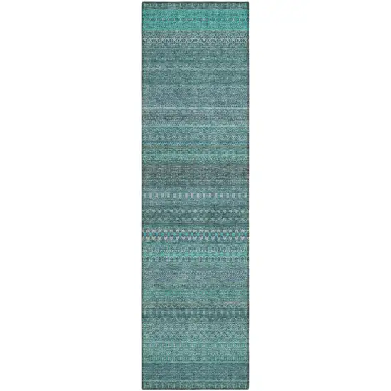 Turquoise Striped Washable Indoor Outdoor Runner Rug Photo 2