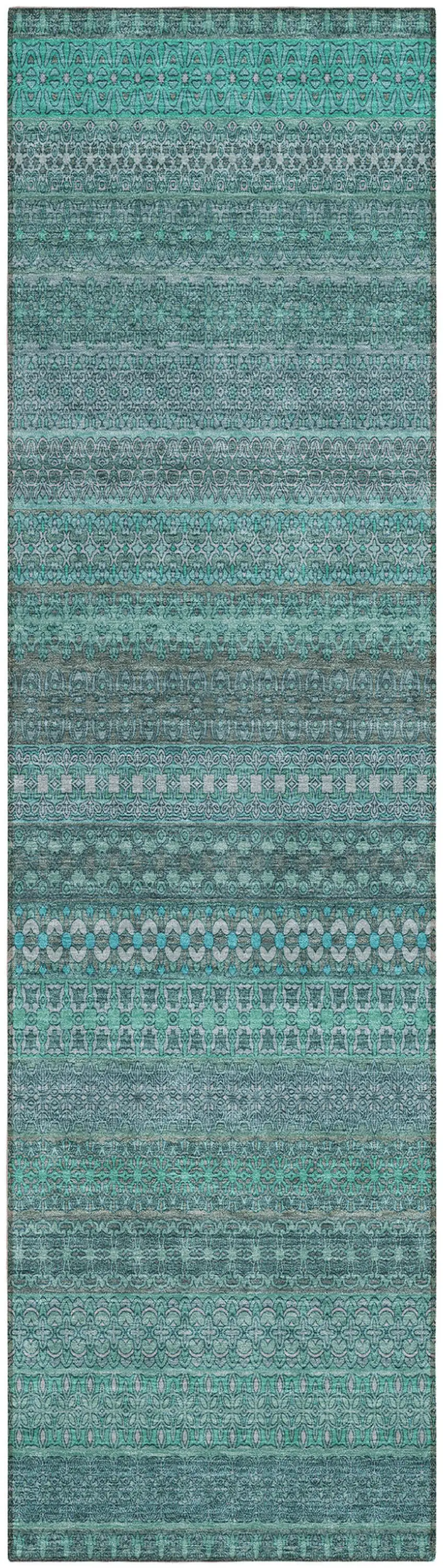 Turquoise Striped Washable Indoor Outdoor Runner Rug Photo 2