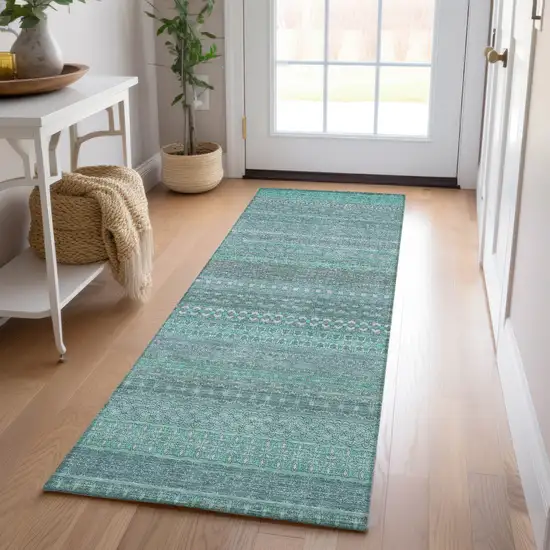 8' Runner Turquoise Striped Washable Non Skid Indoor Outdoor Runner Rug Photo 8