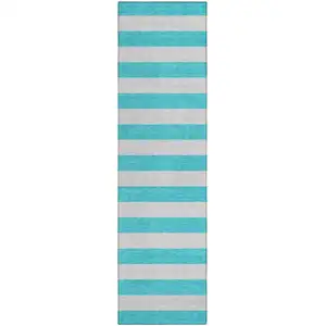 Photo of 8' Runner Turquoise Striped Washable Non Skid Indoor Outdoor Runner Rug