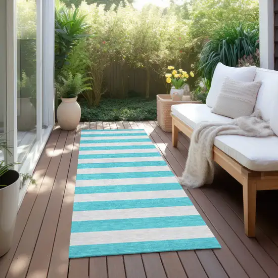 Turquoise Striped Washable Non Skid Indoor Outdoor Runner Rug Photo 8