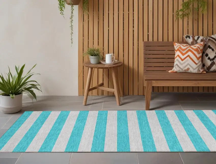 Turquoise Striped Washable Non Skid Indoor Outdoor Runner Rug Photo 1