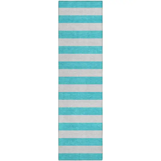 Turquoise Striped Washable Non Skid Indoor Outdoor Runner Rug Photo 2