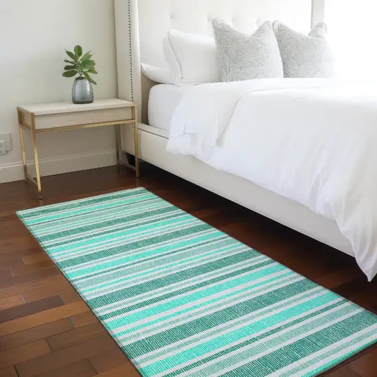 Turquoise Striped Washable Indoor Outdoor Runner Rug Photo 6