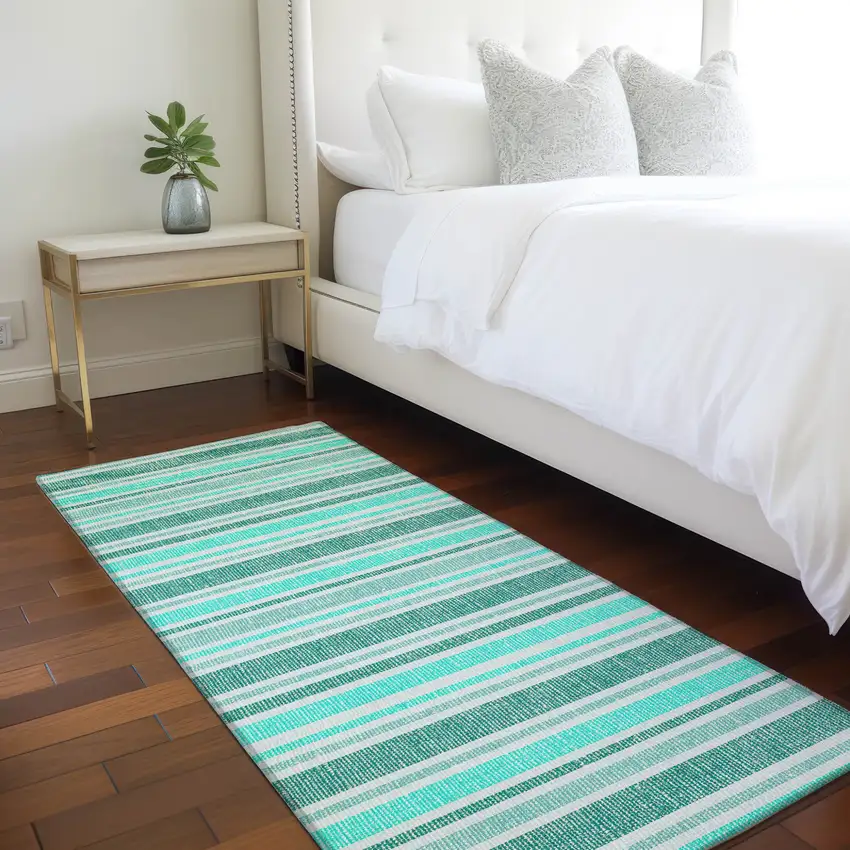 Turquoise Striped Washable Indoor Outdoor Runner Rug Photo 6