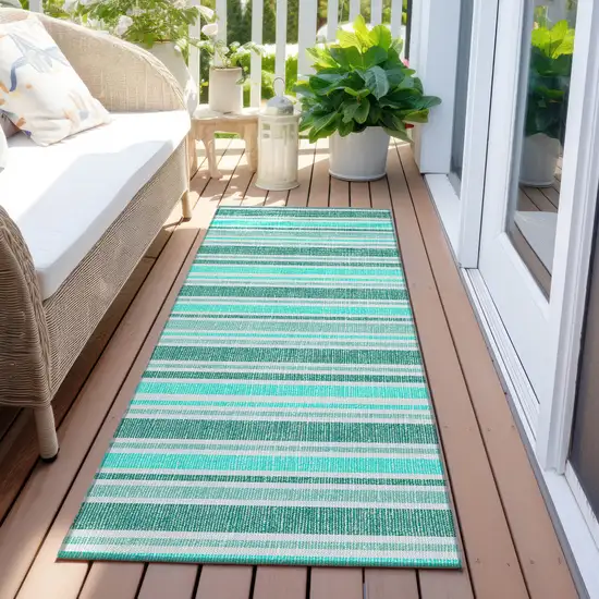 Turquoise Striped Washable Indoor Outdoor Runner Rug Photo 5