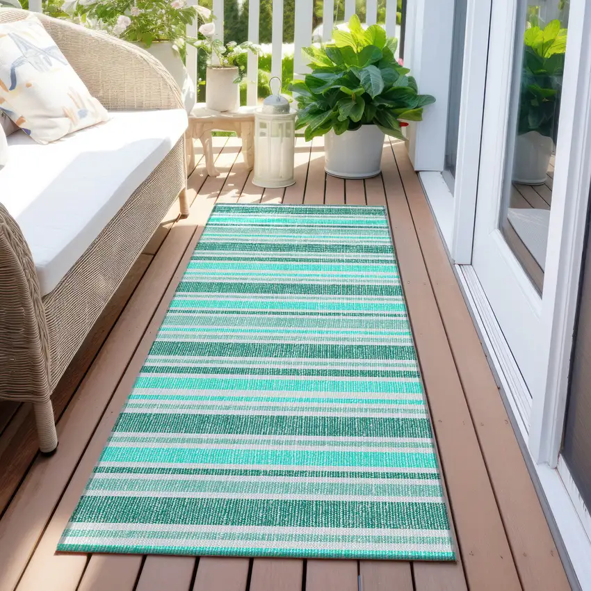 Turquoise Striped Washable Indoor Outdoor Runner Rug Photo 5