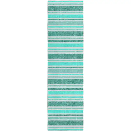 Turquoise Striped Washable Indoor Outdoor Runner Rug Photo 2