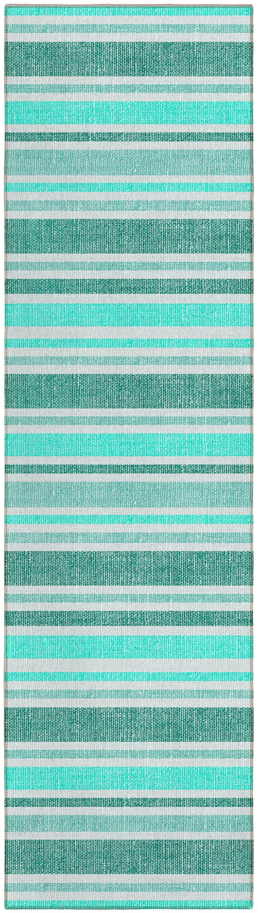 Turquoise Striped Washable Indoor Outdoor Runner Rug Photo 2