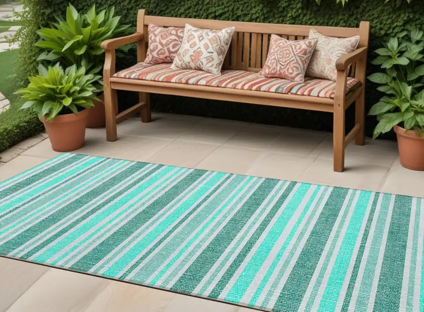 Turquoise Striped Washable Indoor Outdoor Runner Rug Photo 1