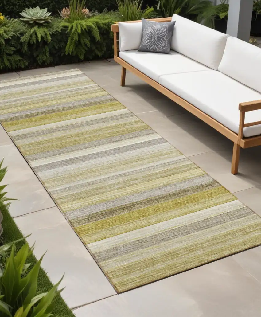 Yellow Beige and Gray Striped Washable Non Skid Indoor Outdoor Area Rug Photo 1