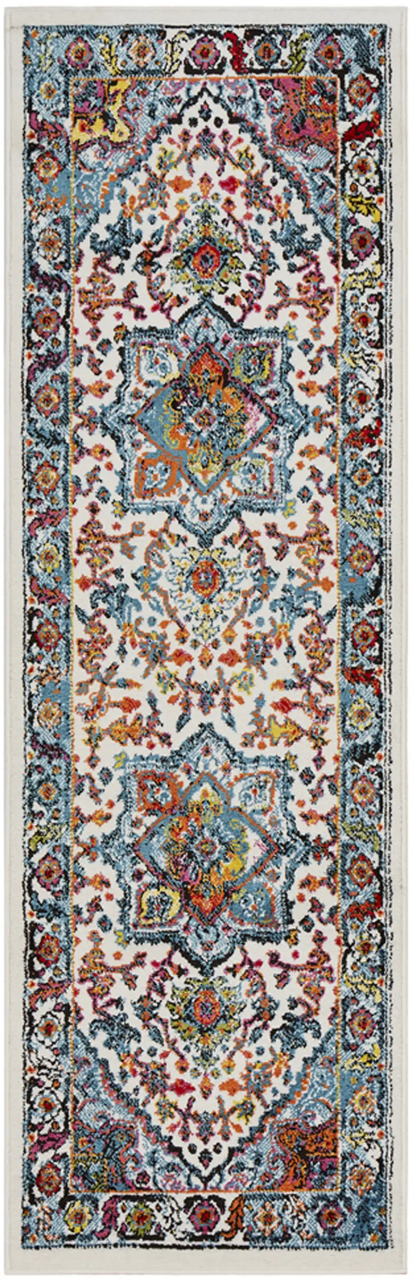 7' Runner White and Blue Medallion Runner Rug Photo 2