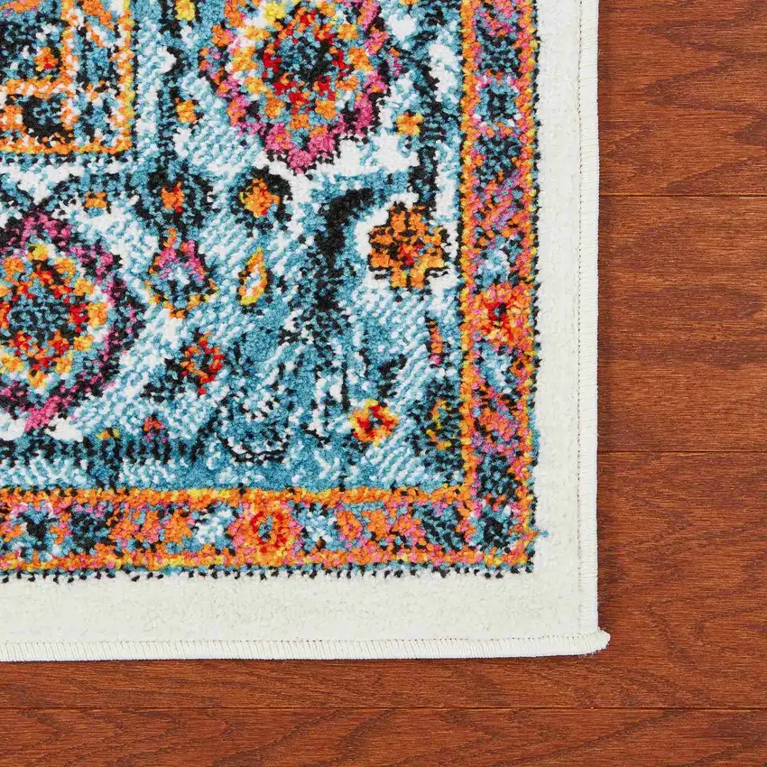 7' Runner White and Blue Medallion Runner Rug Photo 4