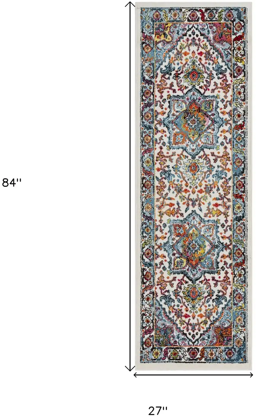 7' Runner White and Blue Medallion Runner Rug Photo 3