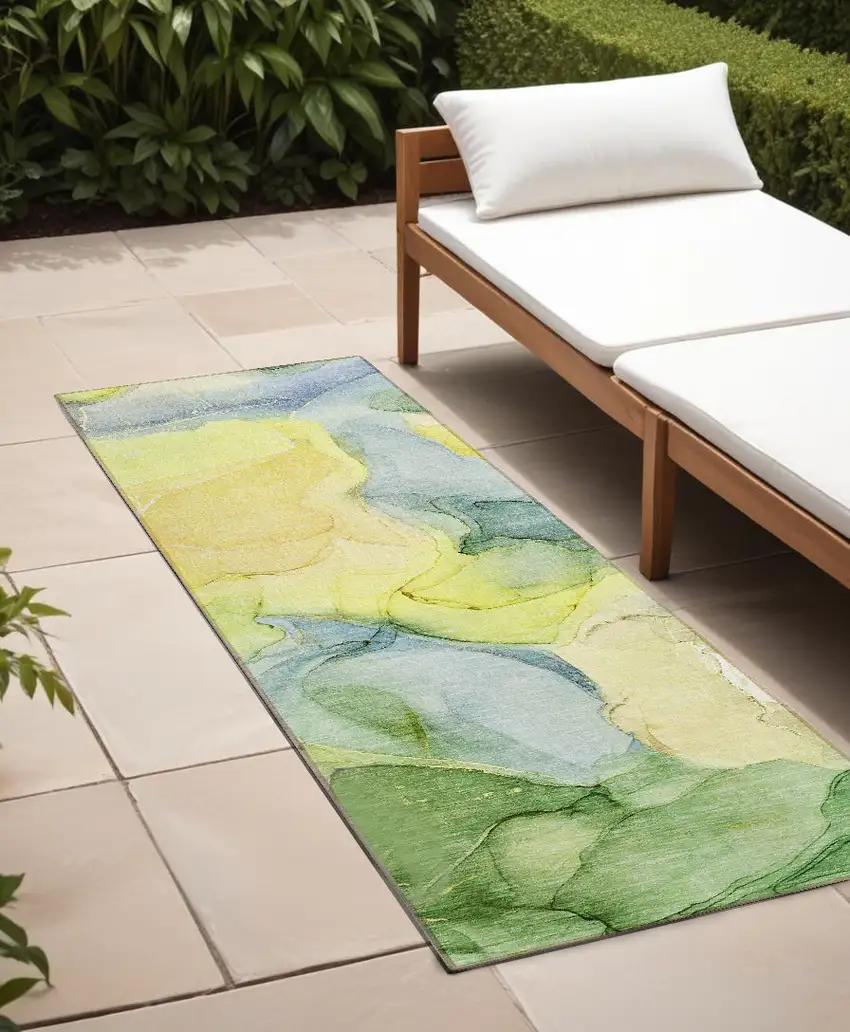 8' Runner Yellow Abstract Washable Non Skid Indoor Outdoor Runner Rug Photo 1