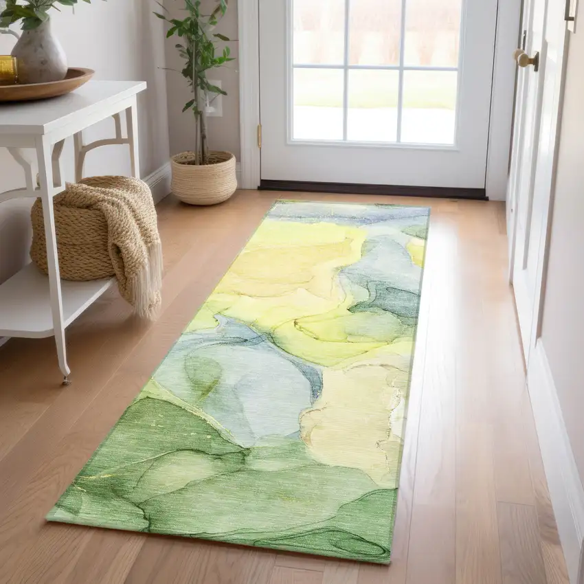 Yellow Abstract Washable Non Skid Indoor Outdoor Runner Rug Photo 9