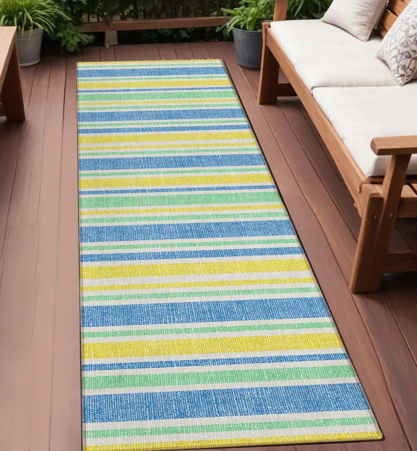 Blue Yellow and Green Striped Washable Non Skid Indoor Outdoor Runner Rug Photo 1