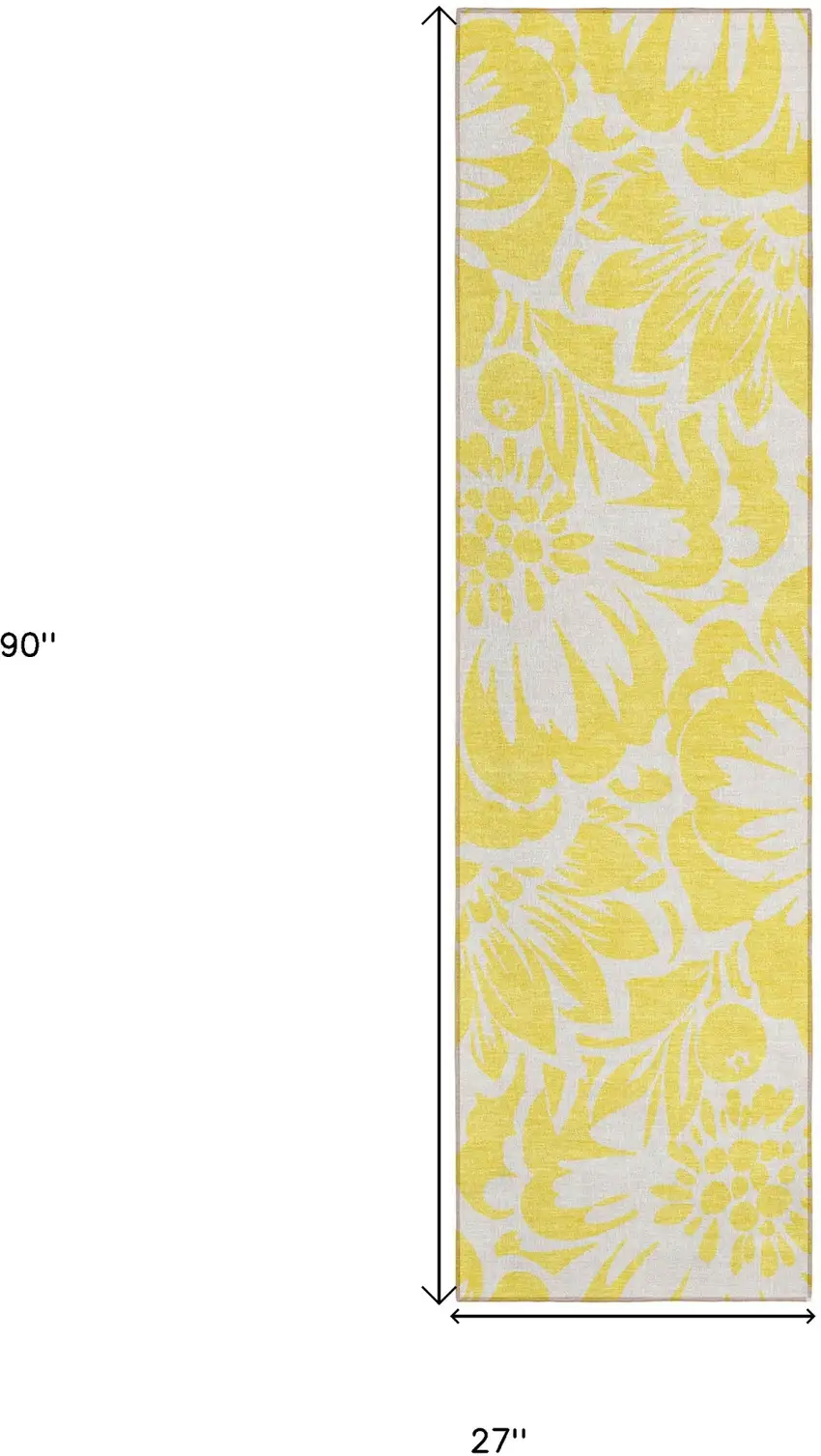 Yellow and Ivory Floral Washable Non Skid Indoor Outdoor Runner Rug Photo 3