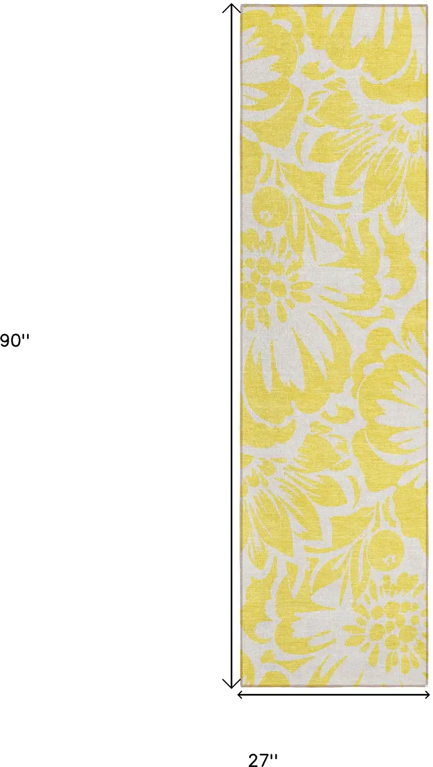 Yellow and Ivory Floral Washable Non Skid Indoor Outdoor Runner Rug Photo 3