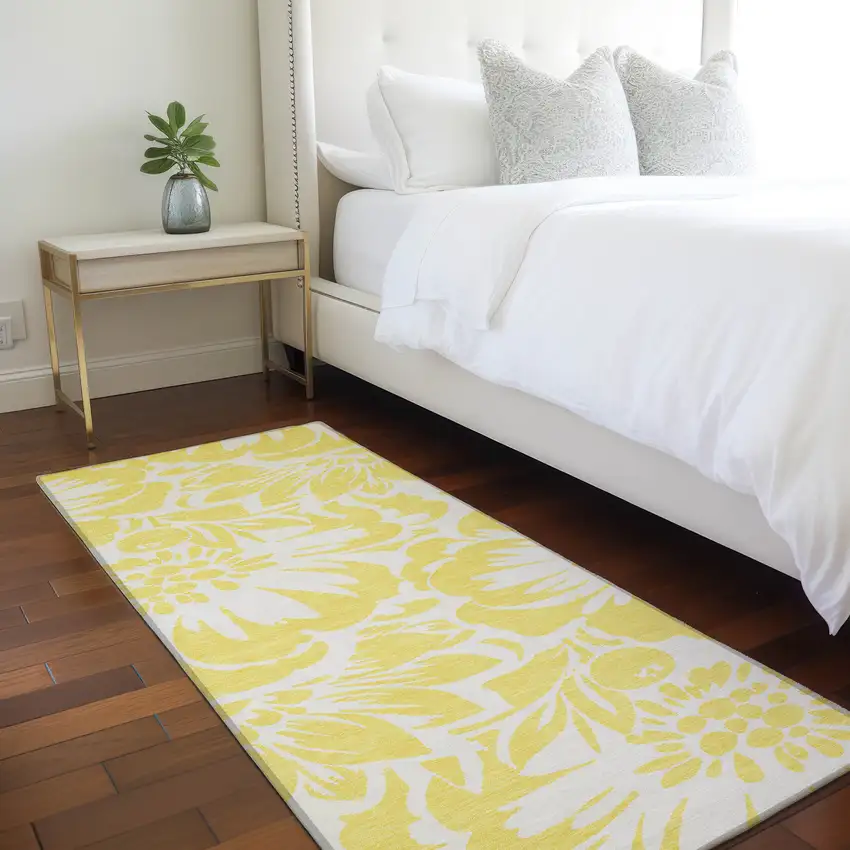Yellow and Ivory Floral Washable Non Skid Indoor Outdoor Runner Rug Photo 8