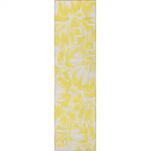 Photo of 8' Runner Yellow and Ivory Floral Washable Non Skid Indoor Outdoor Runner Rug