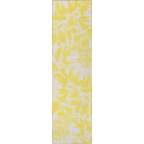 8' Runner Yellow and Ivory Floral Washable Non Skid Indoor Outdoor Runner Rug Photo 2