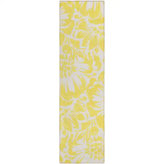 Yellow and Ivory Floral Washable Non Skid Indoor Outdoor Runner Rug Photo 2