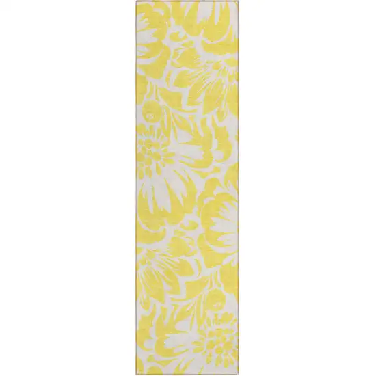 Yellow and Ivory Floral Washable Non Skid Indoor Outdoor Runner Rug Photo 2