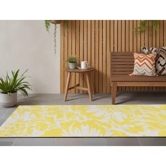 Yellow and Ivory Floral Washable Non Skid Indoor Outdoor Runner Rug Photo 1
