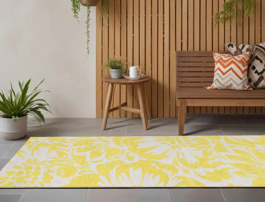 Yellow and Ivory Floral Washable Non Skid Indoor Outdoor Runner Rug Photo 1