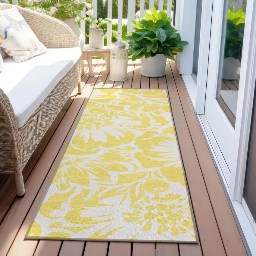 Yellow and Ivory Floral Washable Non Skid Indoor Outdoor Runner Rug Photo 7