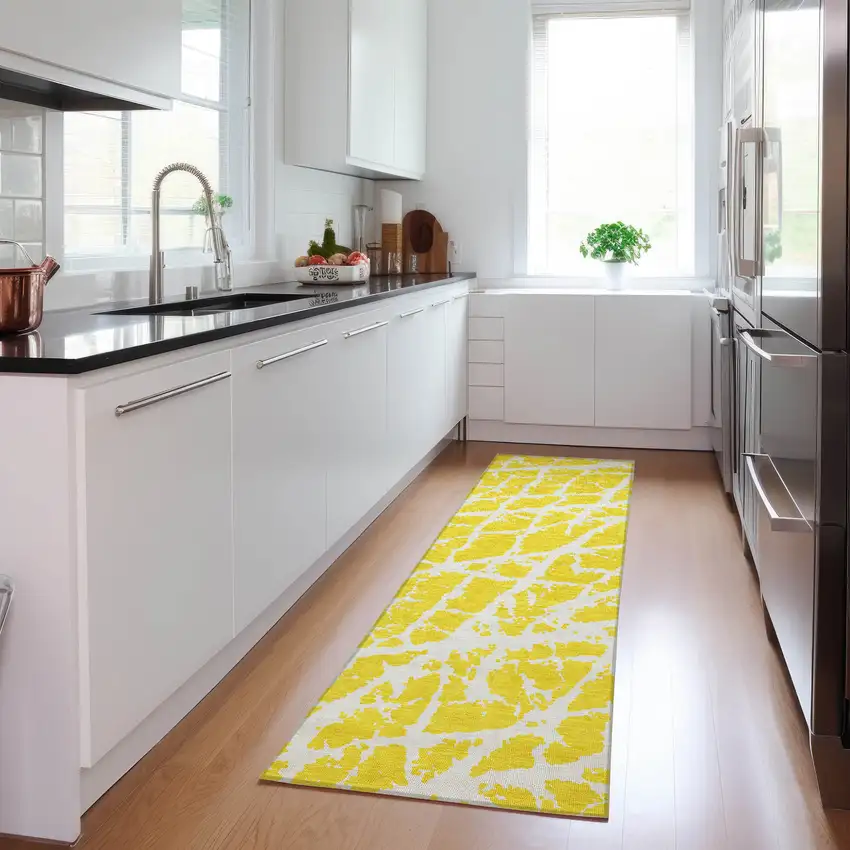 Yellow and White Abstract Washable Non Skid Indoor Outdoor Runner Rug Photo 9