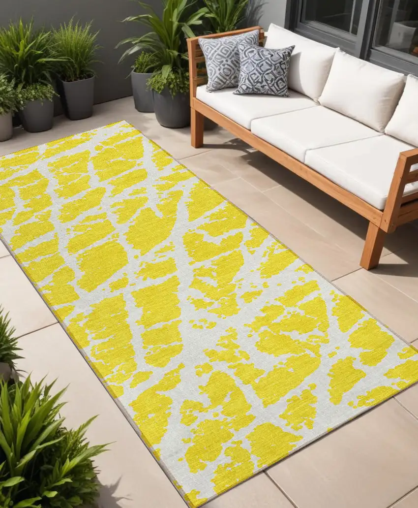 8' Runner Yellow and White Abstract Washable Non Skid Indoor Outdoor Runner Rug Photo 1