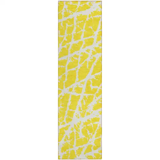 8' Runner Yellow and White Abstract Washable Non Skid Indoor Outdoor Runner Rug Photo 2
