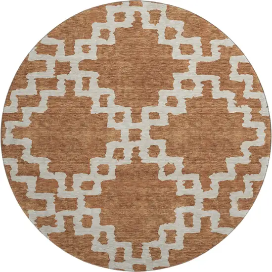 8' Rust And Beige Abstract Geometric Washable Round Rug With UV Protection Photo 1